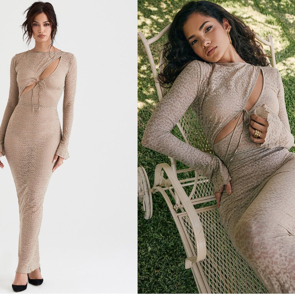 House of CB 'Giovanna' Stone Floral Lace Maxi Dress NWT - Picture 3 of 11